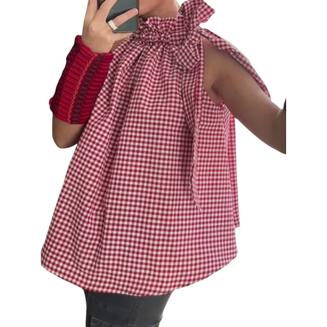 Pudcoco Women Plaid/Strawberry Print Tank Tops Ruffled High Neck Pleated Bow Tie-Up Loose Flowy Hem Summer Shirt