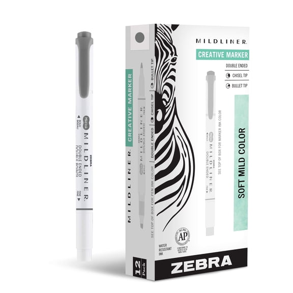 Zebra Pen Mildliner Double Ended Highlighter Marker Set, Broad and Fine Point Tips, Mild Dark Gray Ink, 12-Pack (78510upc)
