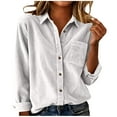 thumbnail image 2 of Aobny Blouses for Women Casual Corduroy Cotton Tshirts White Long Sleeve Button-Up Collared Womens Workout Tops,L, 2 of 7