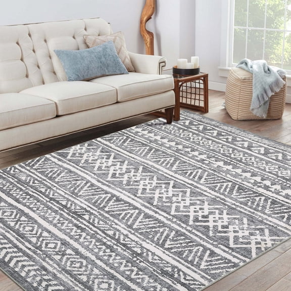 Haperlare Area Rugs Machine Washable Vintage Rugs for Bathroom Geometric Moroccan Ultra-Thin Area Rugs for Family Room,9'x12' Grey Carpet