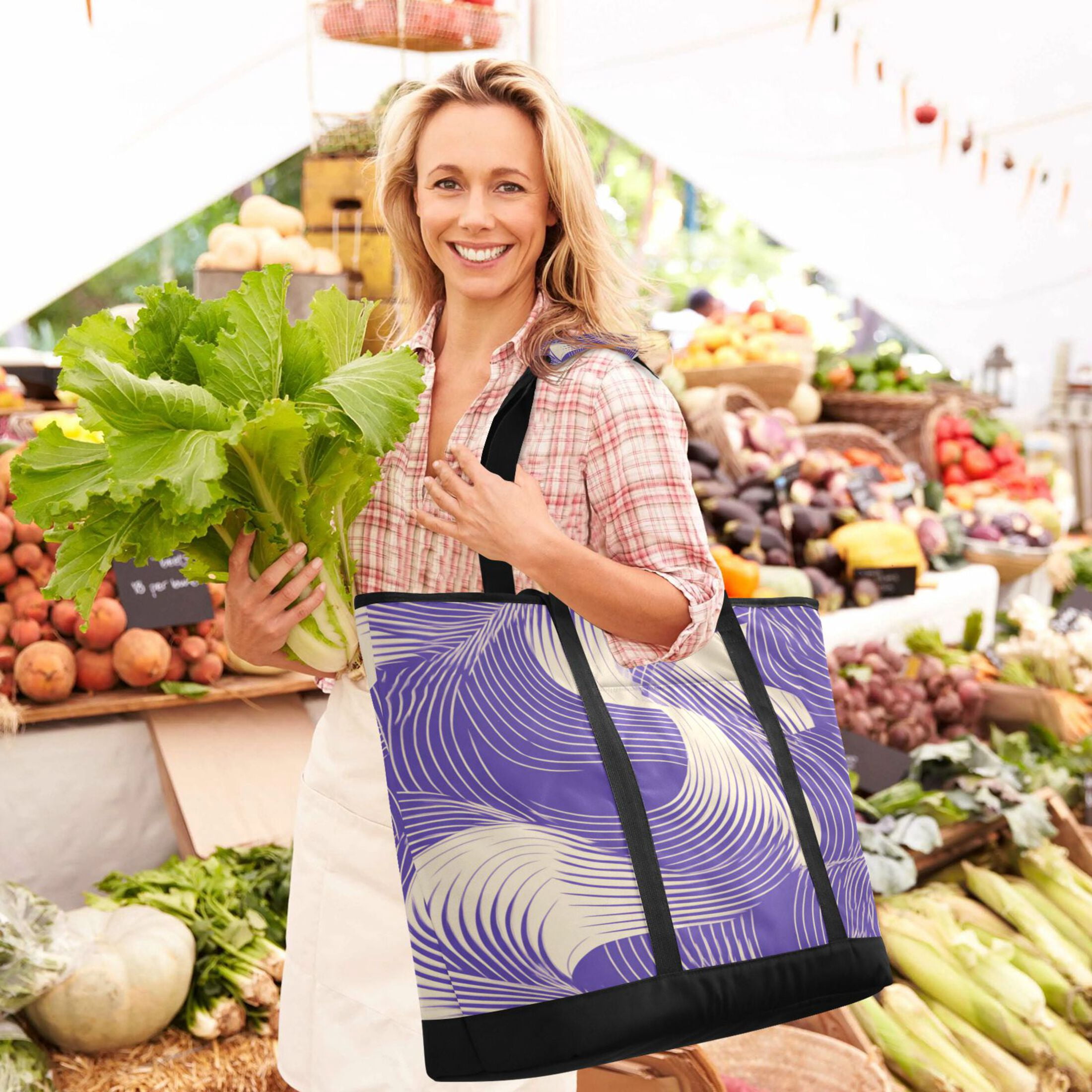 Extra-Large Wide Opening Design Capacity Hand-Held Ice Pack Thickened Insulation Layer For Long-Lasting Cold Retention For Outdoor Shopping Picnics And Camping Purple Chaotic Lines