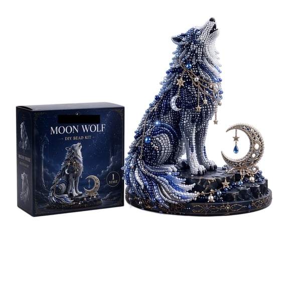 Diamond Art Bead Kit, 5D DIY Howling Moon Wolf Figurine Craft Set, Includes 1 Pack of Beads 1 Thread 1 Tools 1 Instruction Manual, for Adult Beginner Home Tabletop Decor Handmade Art Craft Supplies