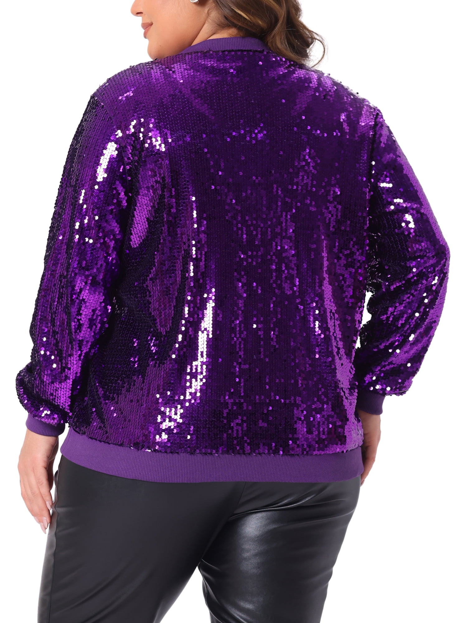 DARING DIVA Women's Plus Size Shiny Glitter Sequin Bomber Jacket 3X Purple