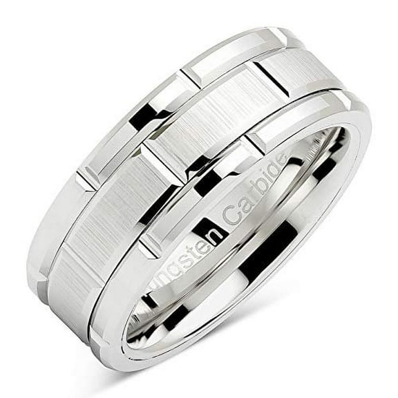 100S Jewelry Modern Brick Pattern Tungsten Carbide Wedding Ring,8mm, Rhodium Plated, Size 6-16