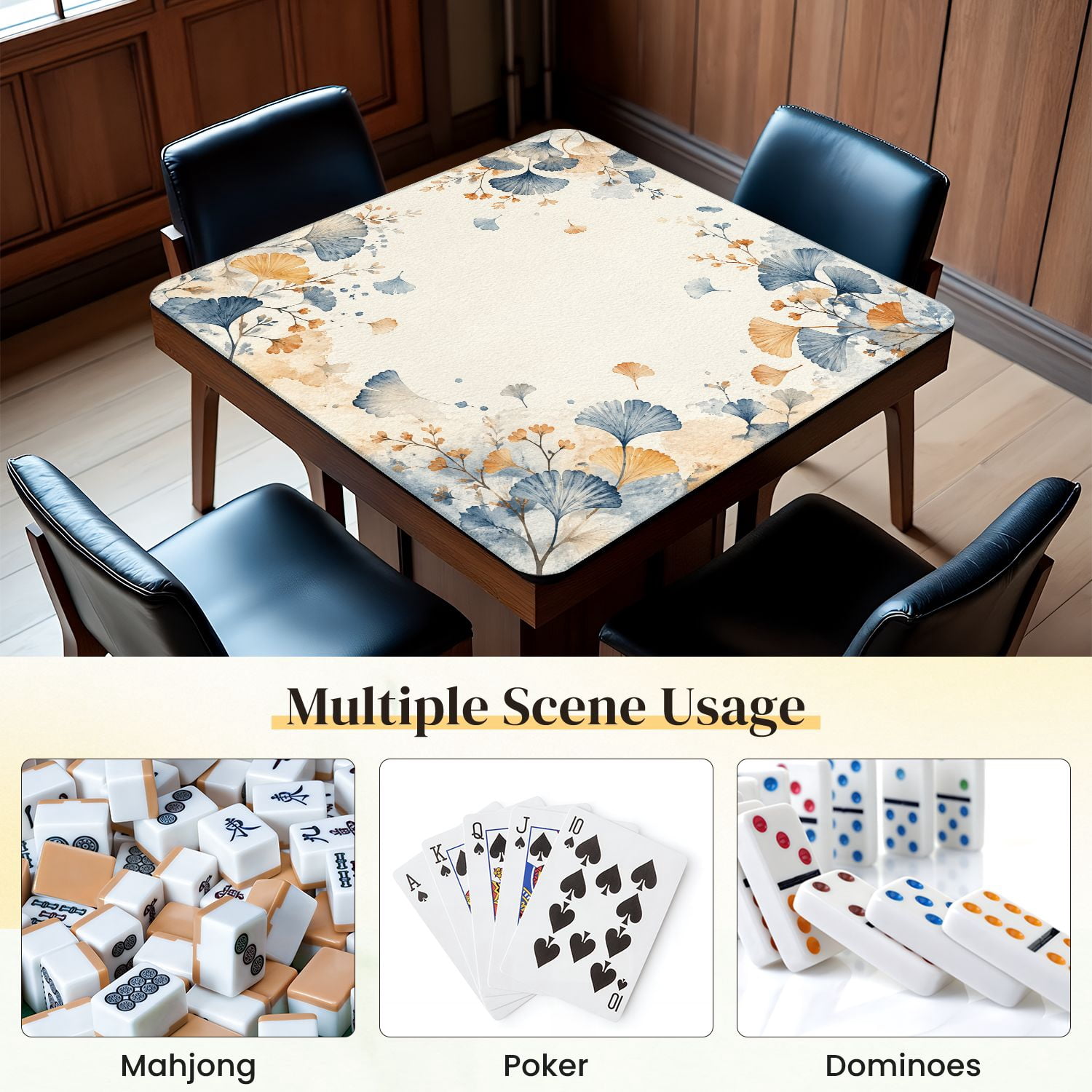 Mahjong Mat 31.5" x 31.5" Watercolor Ginkgo Leaves Floral Blue Orange Tones Non-Slip Noise Reduction Mahjong Tiles Table Cover for Dominoes Poker Card Board and Tile Games