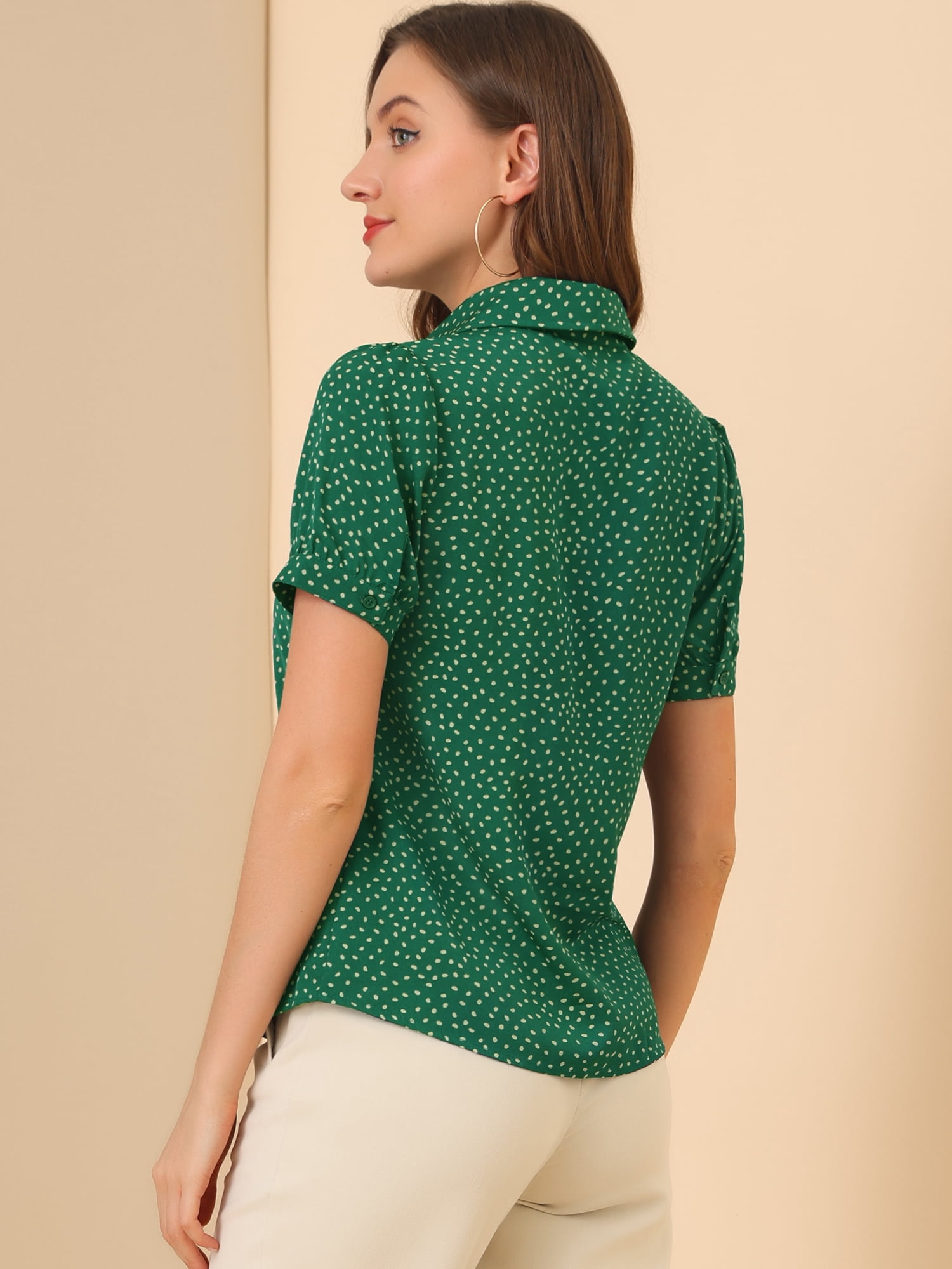 DARING DIVA Women's Polka Dots Tie Bow Chiffon Blouse S Dark Green-Dots
