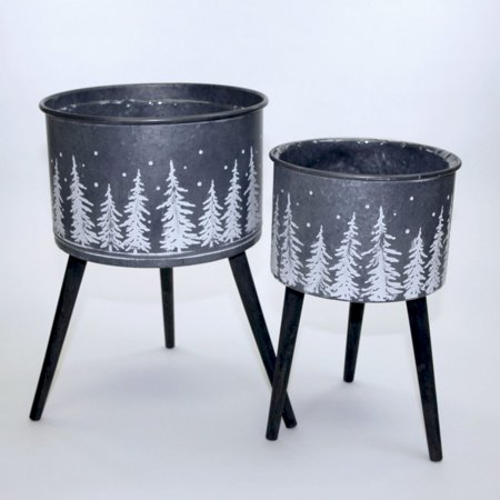 Set Of 2 Black Metal With White Pine Tree Pattern On Tripod Legs Planters