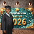 thumbnail image 6 of Gold Theme Graduation Banner Teal Background Congratulation Backdrop Graduation Cap Design Diploma Decoration Grad Event Display for Graduation Ceremony Class of 2026 Party Graduation Photo Shoot, 6 of 8