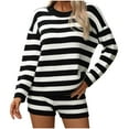 thumbnail image 3 of Scyoekwg Womens 2 Piece Outfit Set Stripe Fall Outfits Fashion Comfortable Knitted Sets Crewneck Long Sleeve Tops Shorts Athletic Set Casual Loose Matching Sets (Black,M), 3 of 6