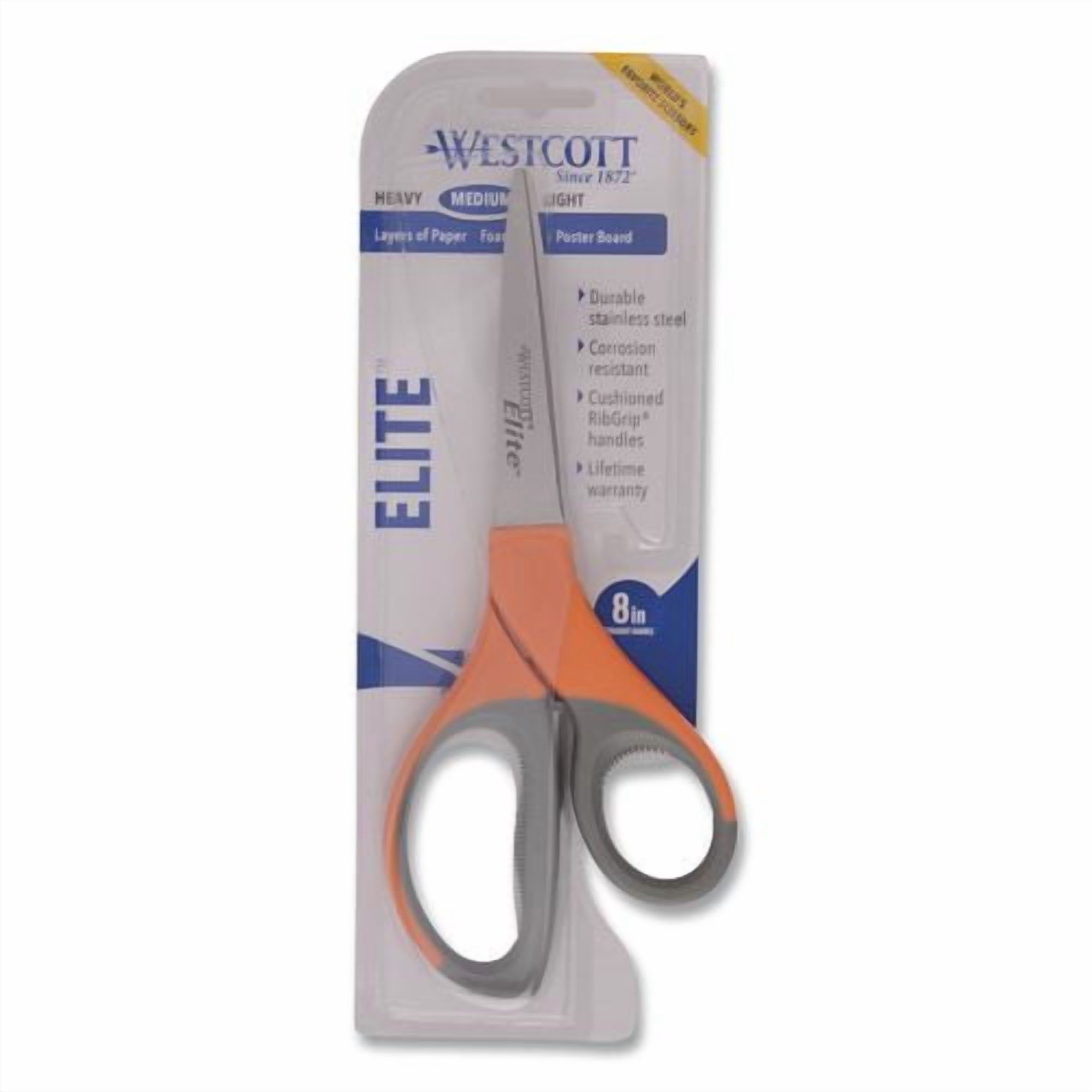 Elite Series Stainless Steel Shears, 8" Long, 3.5" Cut Length, Straight Orange Handle | Bundle of 10