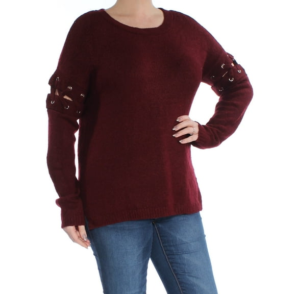 CRAVE FAME $44 Womens New 1328 Burgundy Lace-up Hi-Lo Sweater L Juniors B B