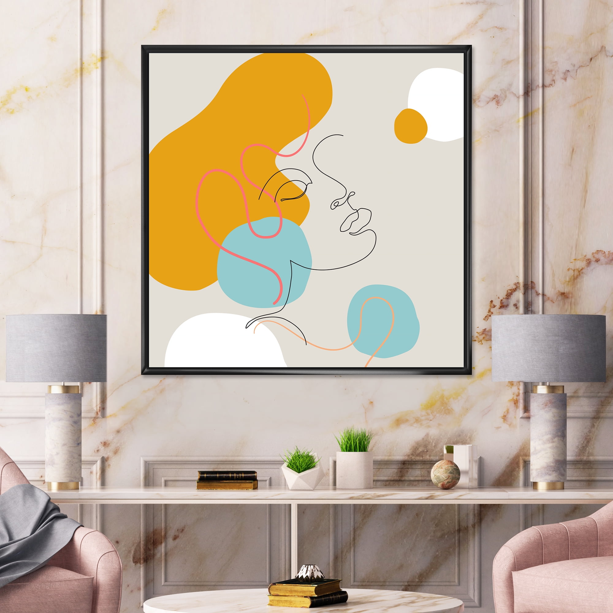 Minimal Portrait of Female Face Drawn With One Line I 30 in x 30 in Framed Painting Canvas Art Print, by Designart