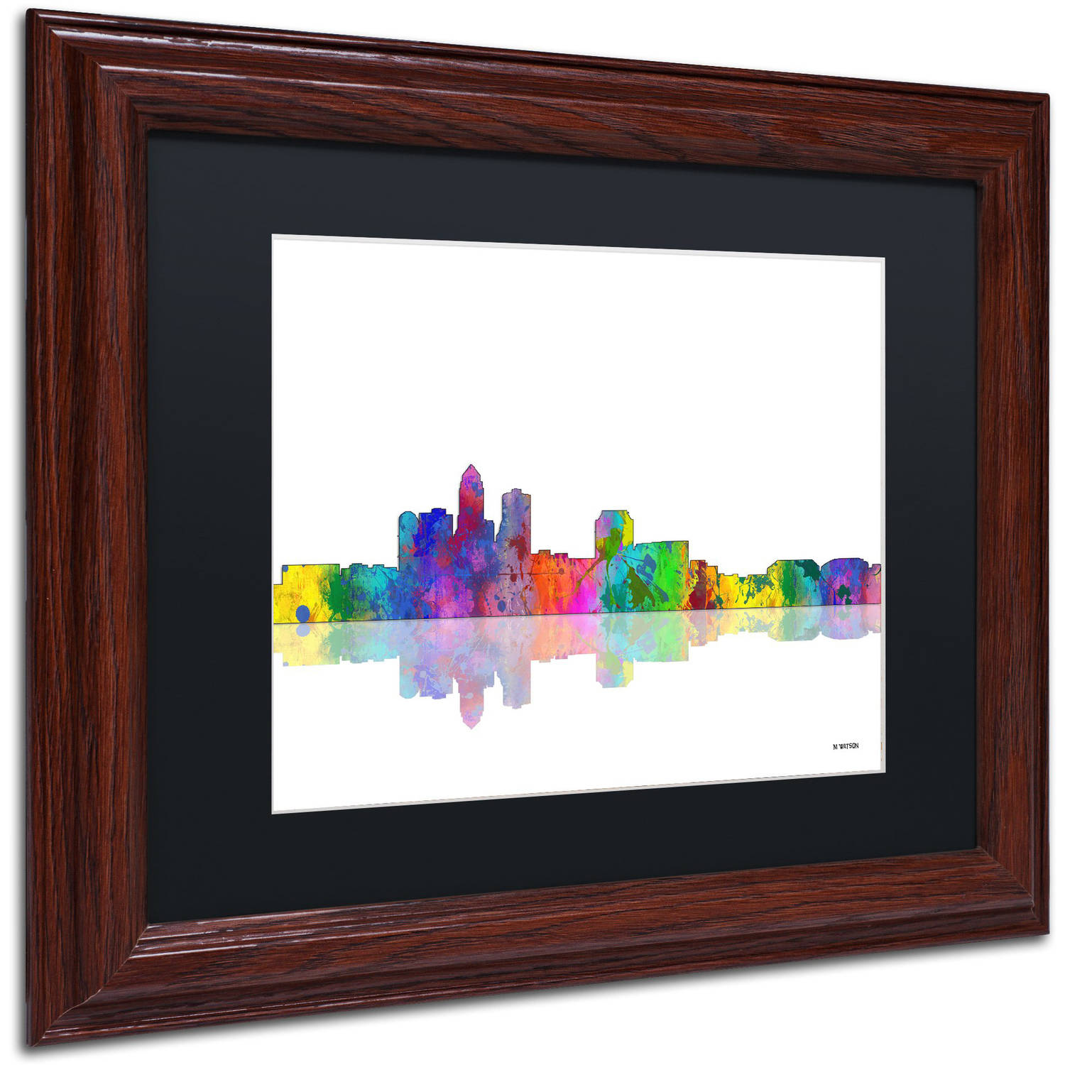 Trademark Fine Art "Des Moines Iowa Skyline" Canvas Art by Marlene Watson Black Mat, Wood Frame