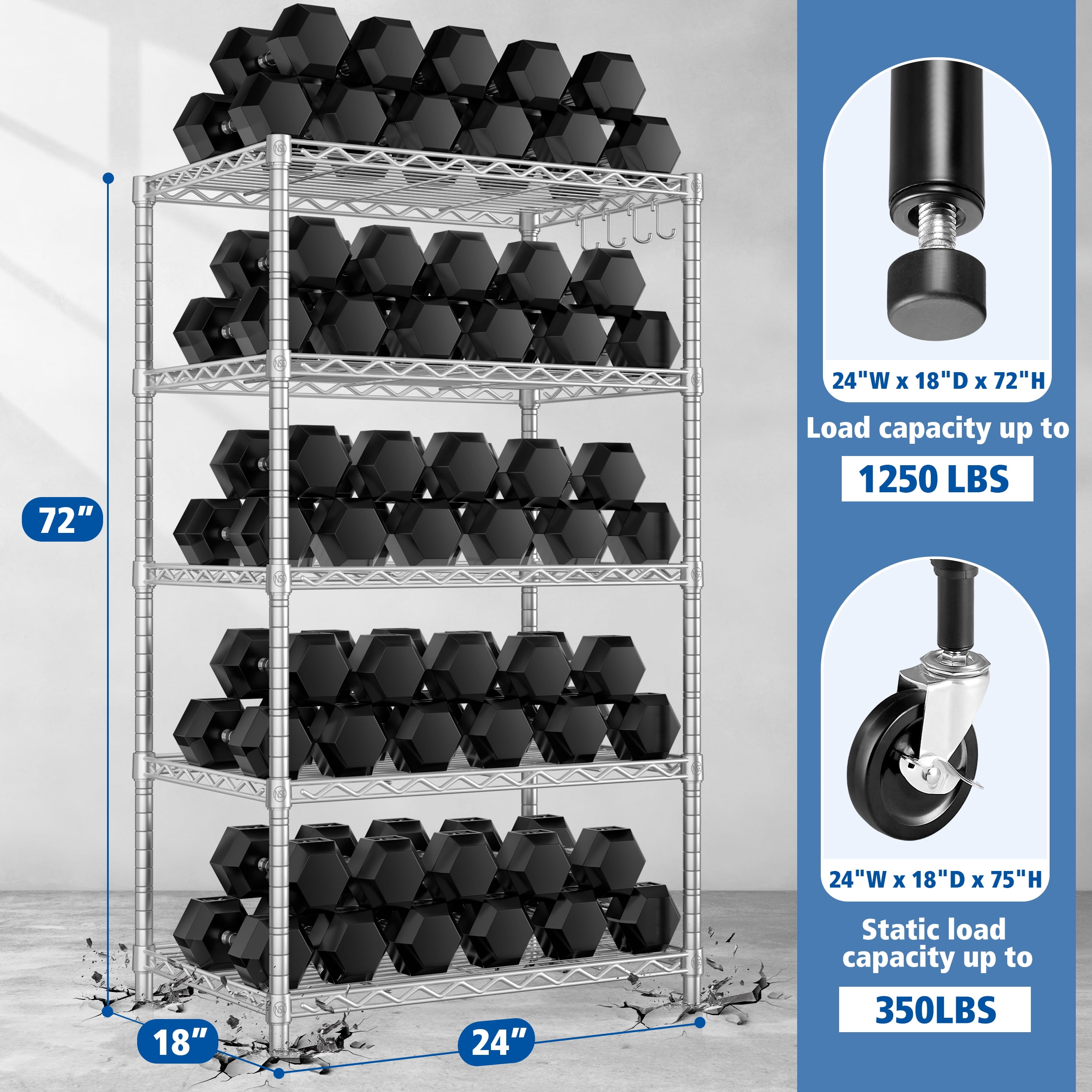 TrumanPick 5-Tier Storage Shelves - 24"W x 18"D x 72"H Wire Shelf, Adjustable Metal Shelving Unit, Garage Shelving for Kitchen Pantry&Laundry, Chrome