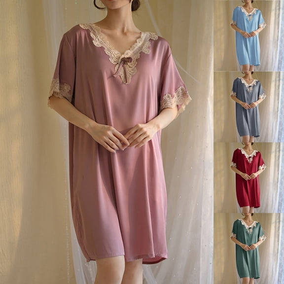ZZwxWA Women's Relax Nightgowns Sexy Lace Stitching Sleep Dress Summer Short Sleeve V-Neck Nightdress Pajamas Loungewear
