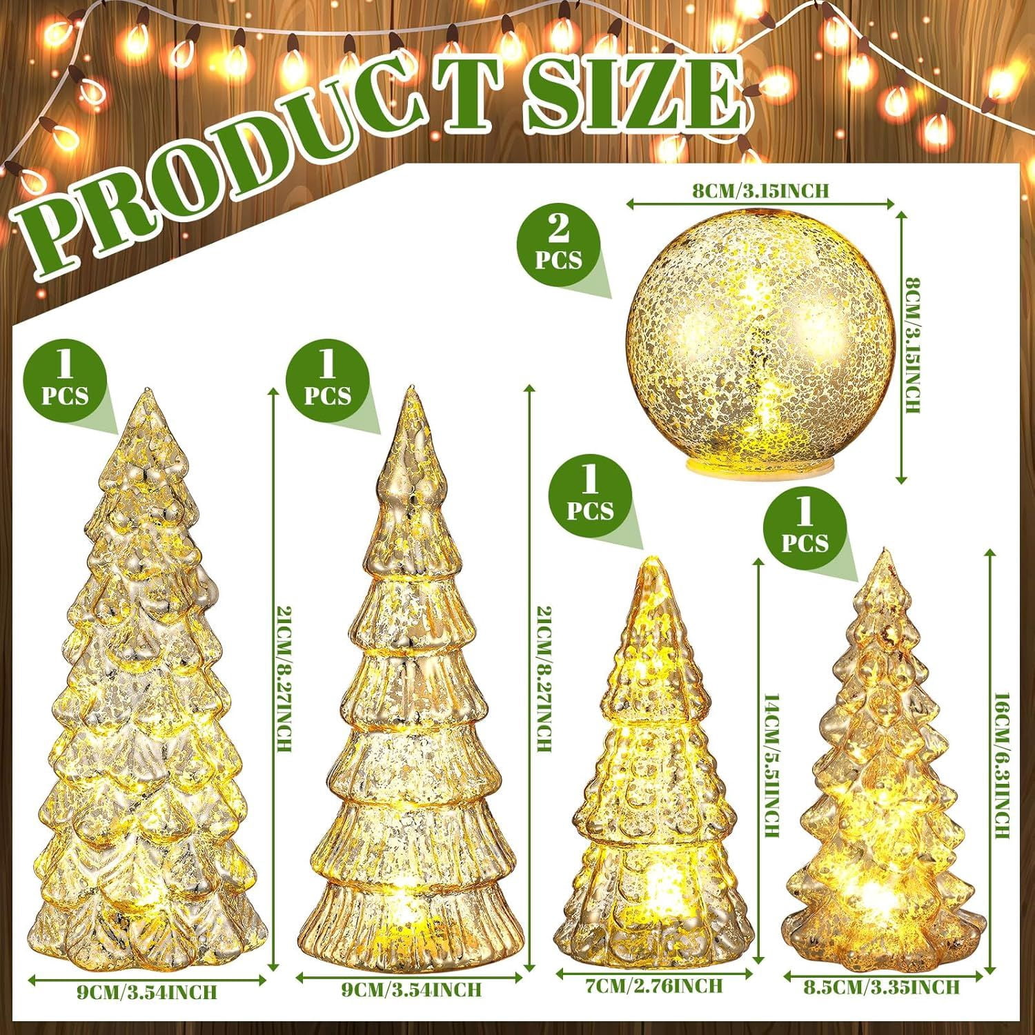 6 Pcs Mercury Glass Christmas Tree for Tabletop Light up Figurine Christmas Tree Mercury Cracked Glass Globe with Light for Xmas Decor Home Party Centerpiece Mantel Gift