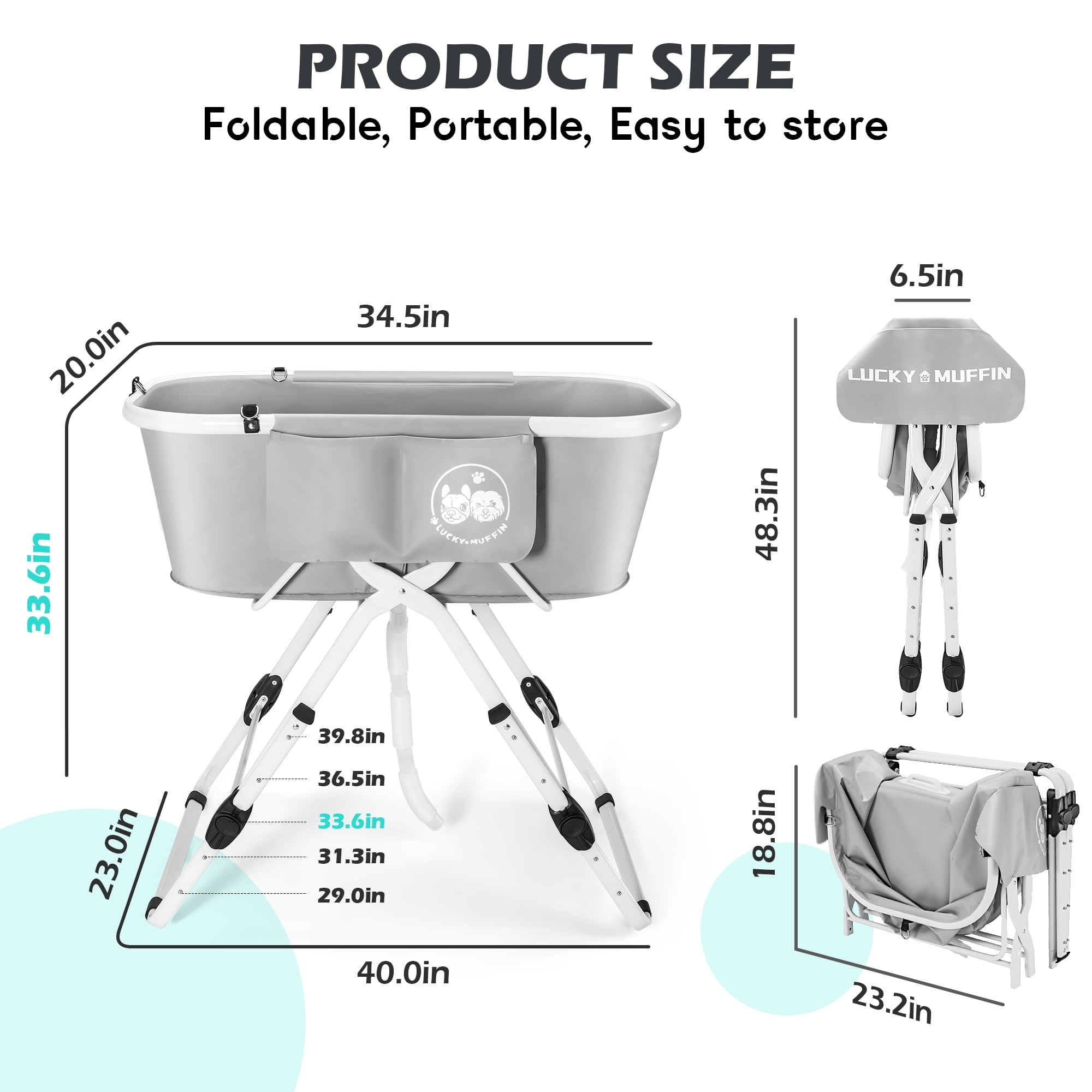 Premium Elevated Portable & Foldable Dog Bathtub – 5 Adjustable Heights for Back-Friendly Grooming. Portable Indoor/Outdoor Pet Washing Station, Supports Small & Medium Dogs, Cats