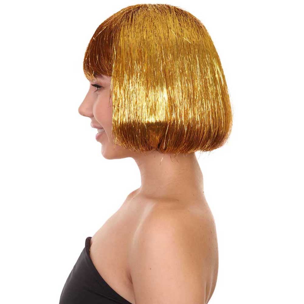 HPO Adult Women's Gold Tinsel Bob Wig | Breathable Capless Costume Hair | Festival & Party Wig