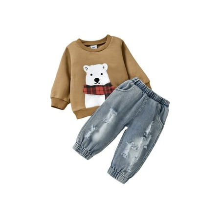 

Amuver Baby Girls Boys 2 Pieces Outfit Cartoon Print Tops + Ripped Jeans