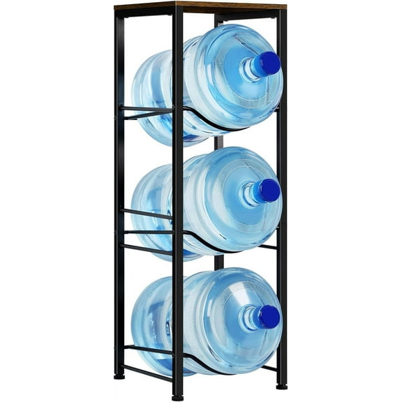 5 Gallon Water Jug Holder, 3 Tier Water Bottle Holder with Storage Shelf, Heavy Duty Water Dispenser Rack Stand Shelf Organizer for Kitchen Office Living, Brown