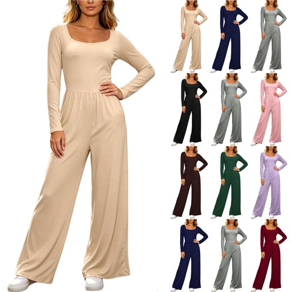 Bloomae Long Sleeve Jumpsuit for Women Trendy Fall Outfits Loose Fit Casual Ruched Elastic High Waist One Piece Square Neck Wide Leg Pants Romper With Pockets