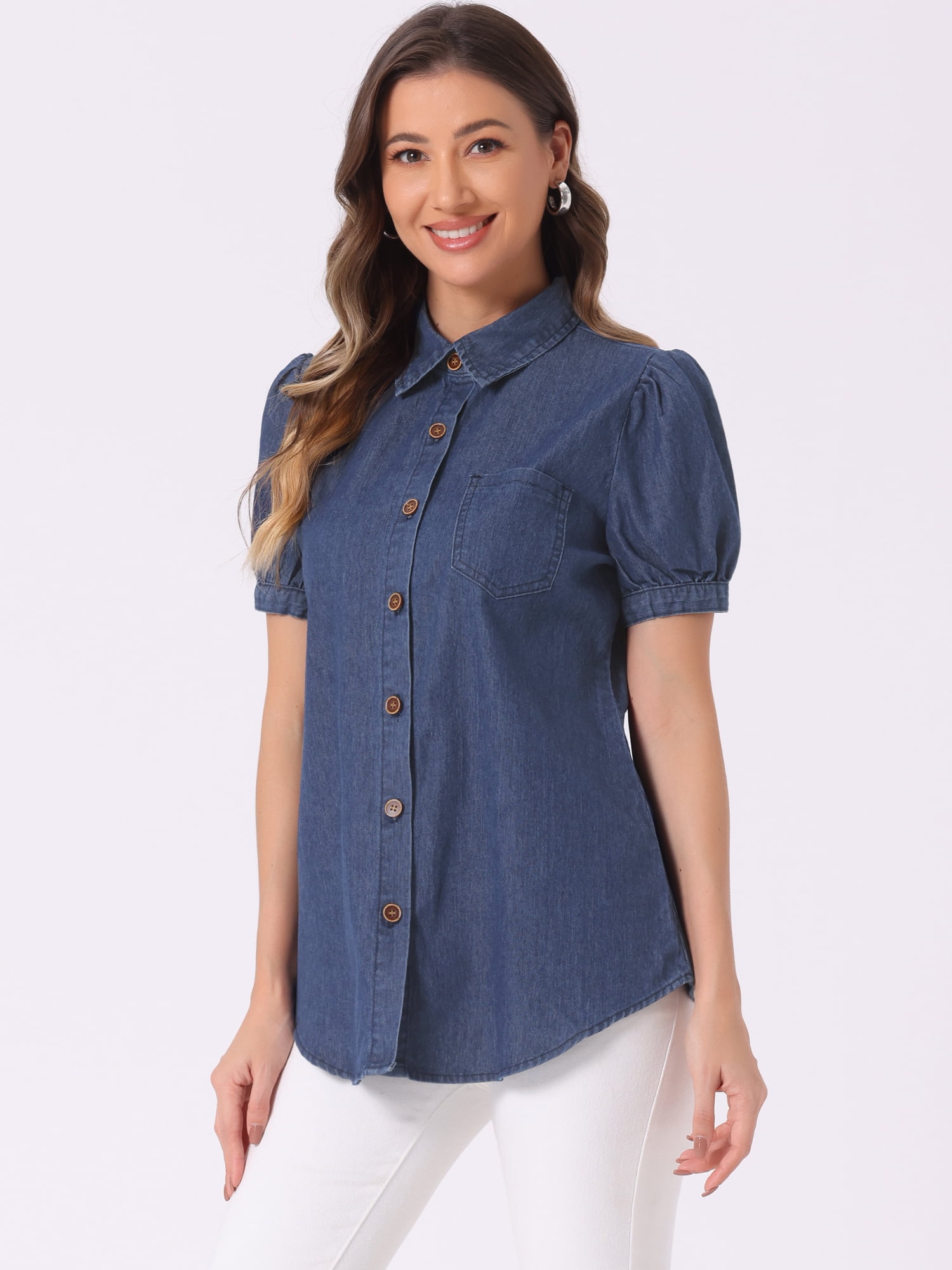 DARING DIVA Women's Denim Short Puff Sleeve Spread Collared Button Up Shirt L Deep Blue