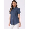 thumbnail image 2 of DARING DIVA Women's Denim Tops Short Puff Sleeve Collared Button Up Shirt S Deep Blue, 2 of 6