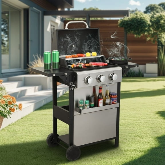 3-Burner Propane Gas Grill, 25,650 BTU, Stainless Steel, Foldable Side Table, Outdoor BBQ