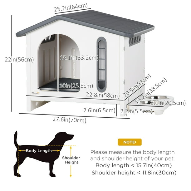 PawHut Niche en plastique avec aérations, petite niche avec ouverture de  porte, sol surélevé, support de bol, 2 bols, coussin doux lavable, pour  chiens de petite taille, blanc 