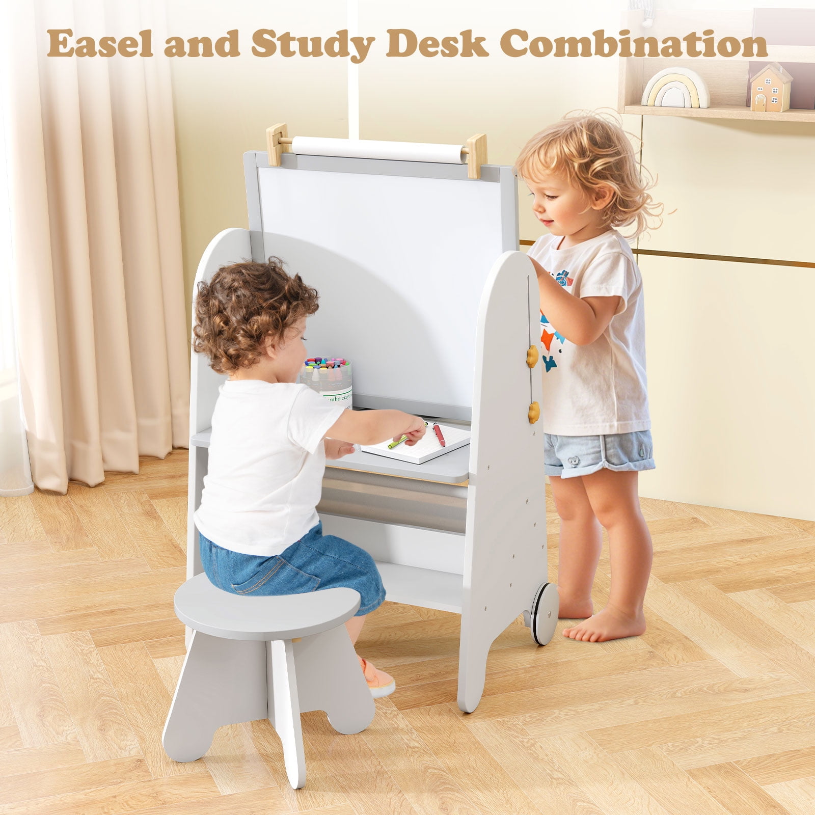 INFANS Easel for Kids with Stool, 4-in-1 Double-Sided Adjustable Magnetic Chalkboard with Paper Roll, Bookshelves, Wheels, Wooden Standing Painting Drawing Art Board for Boys Girls