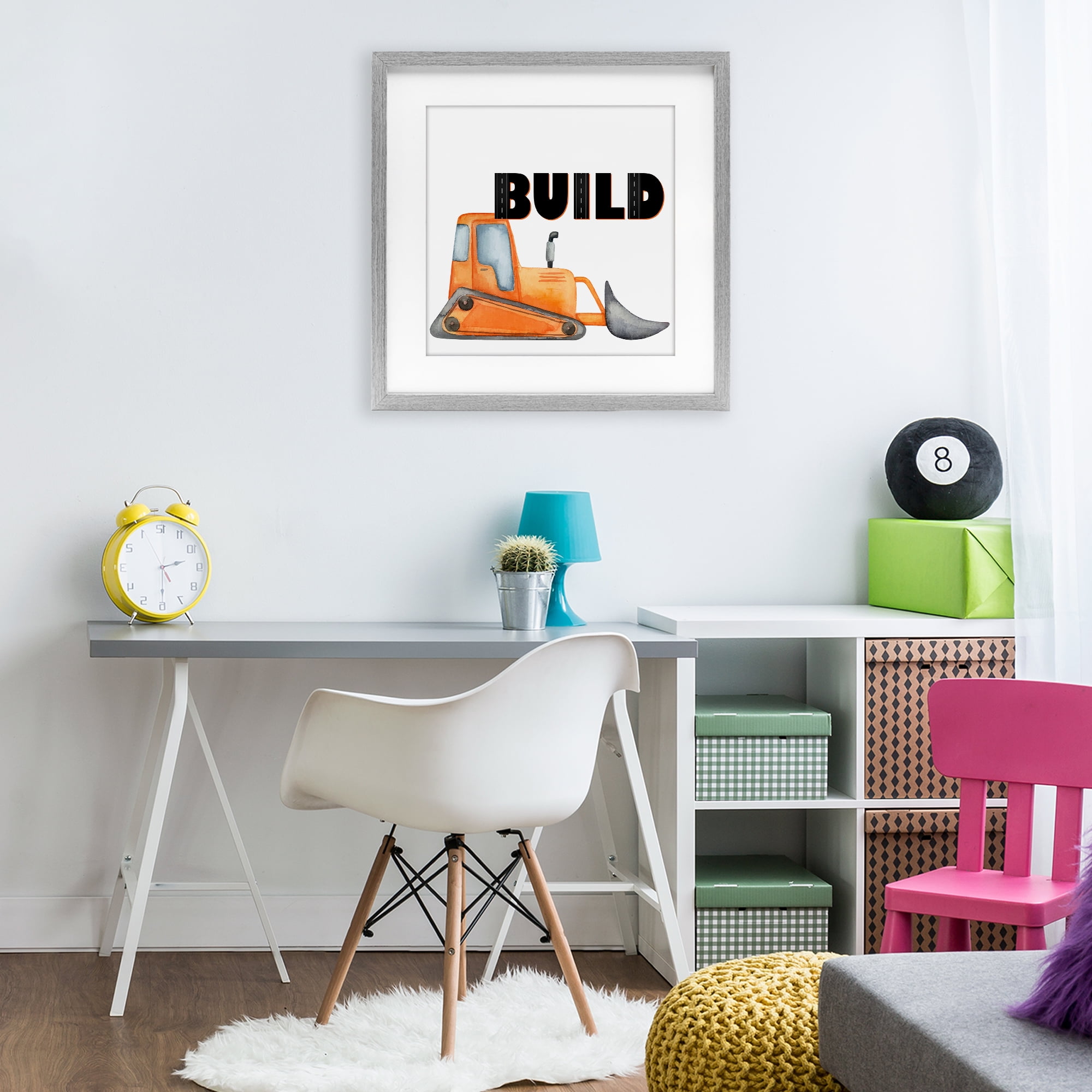 Build with Orange Bulldozer Gray Framed Print Under Glass, design by Kim Allen