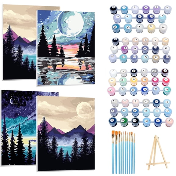 Ninonly 4 Pack Paint by Numbers Kit for Adults Framed Canvas, Art Supplies for Adults Beginners with Easel, Brushes, Acrylic Paint Set, 9 * 12 Inch