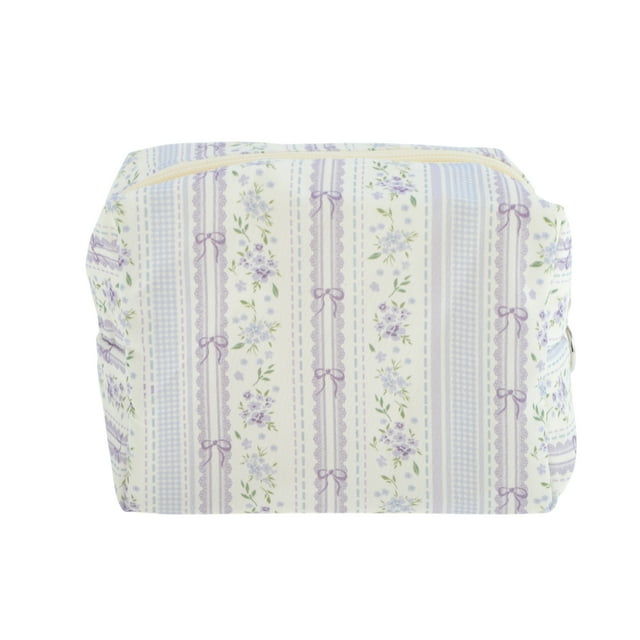 Bolsas de Maquillaje de Lona Púrpura con Diseño de Flor y Lazo, 1 Pc, Ligera, Ideal para Vacaciones