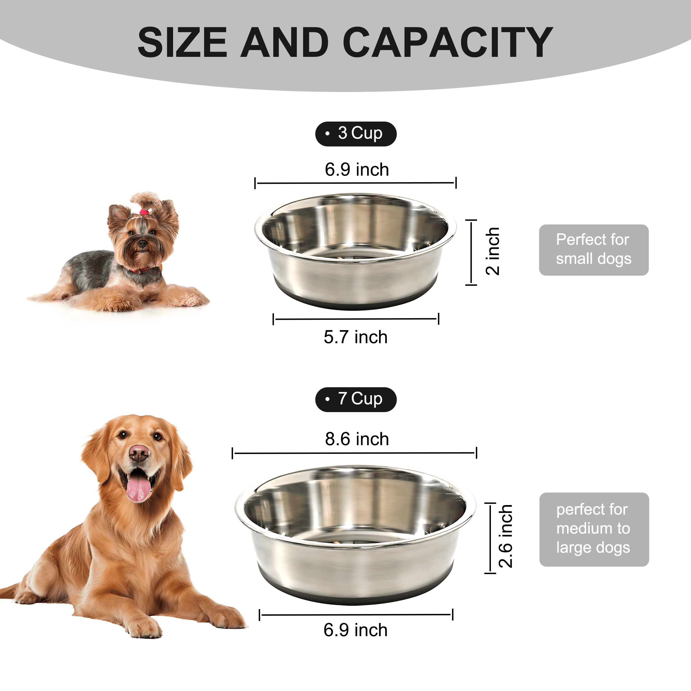 Max & Marlow Stainless Steel Dog Bowls Set of 3 Cup and 7 Cup, Non-Slip Rubber Base Metal Pet Food Water Bowls for Small to Large Dogs