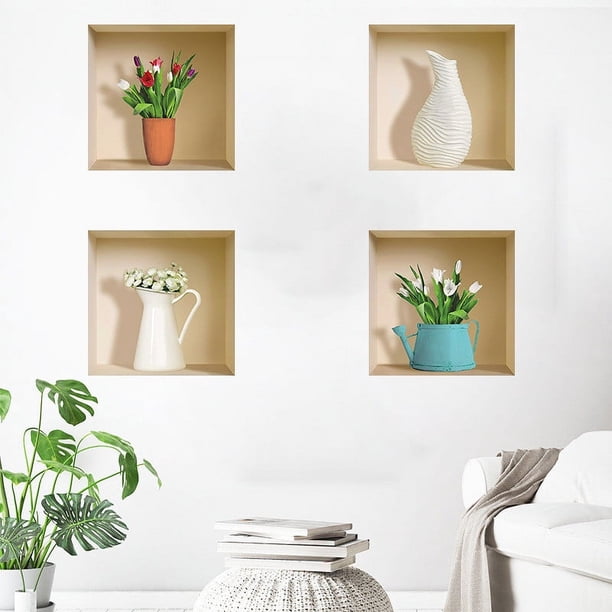pstuiky Adhesivo de pared tridimensional con simulación 3D de un jarrón, adhesivos para ventanas con forma de plantas y flores.