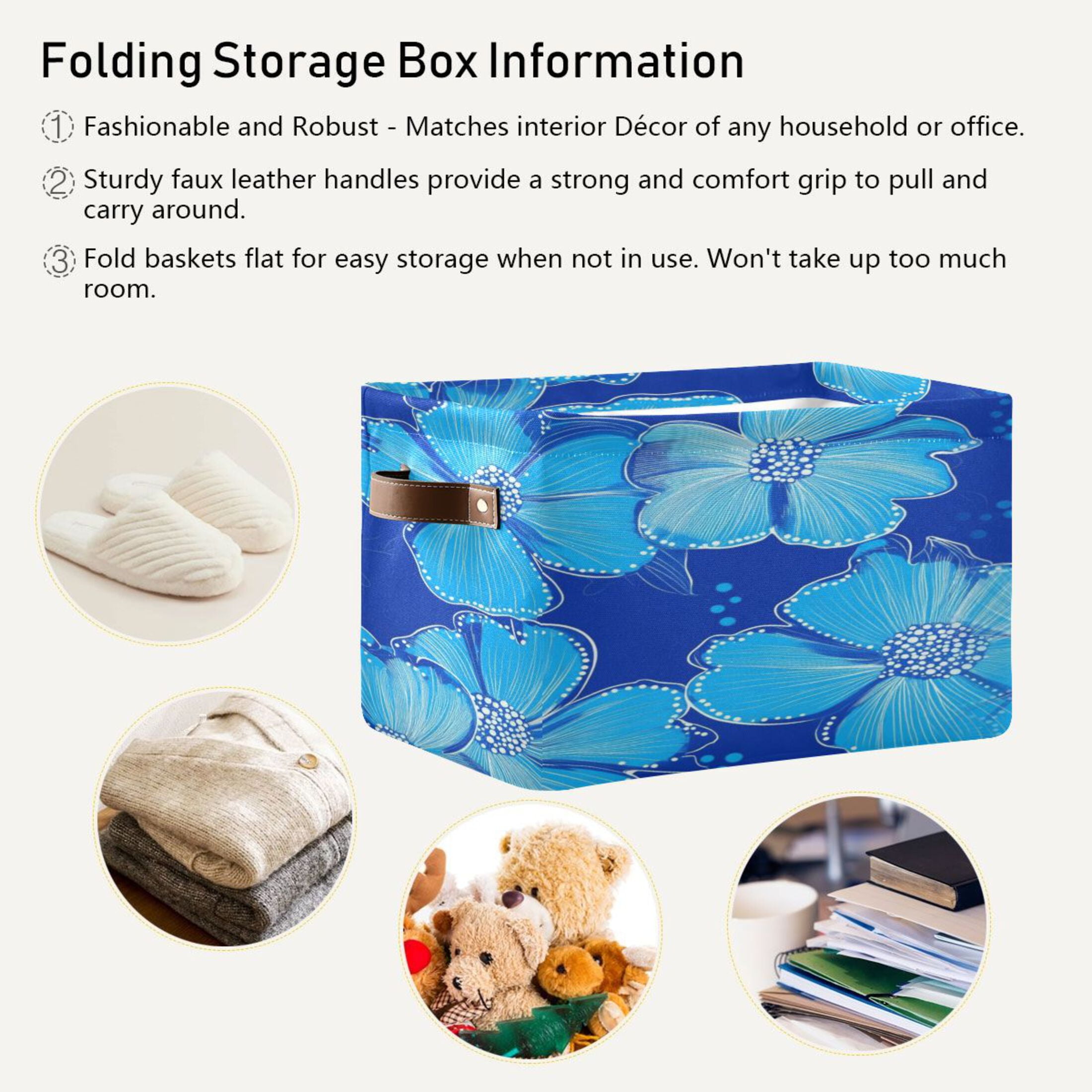 Blue Flowers Small Dot Design Foldable Storage Basket,Canvas Fabric Foldable Storage Bins with Handles Open Home Storage Bins Boxes for Toy Book Shelf Closet Baskets