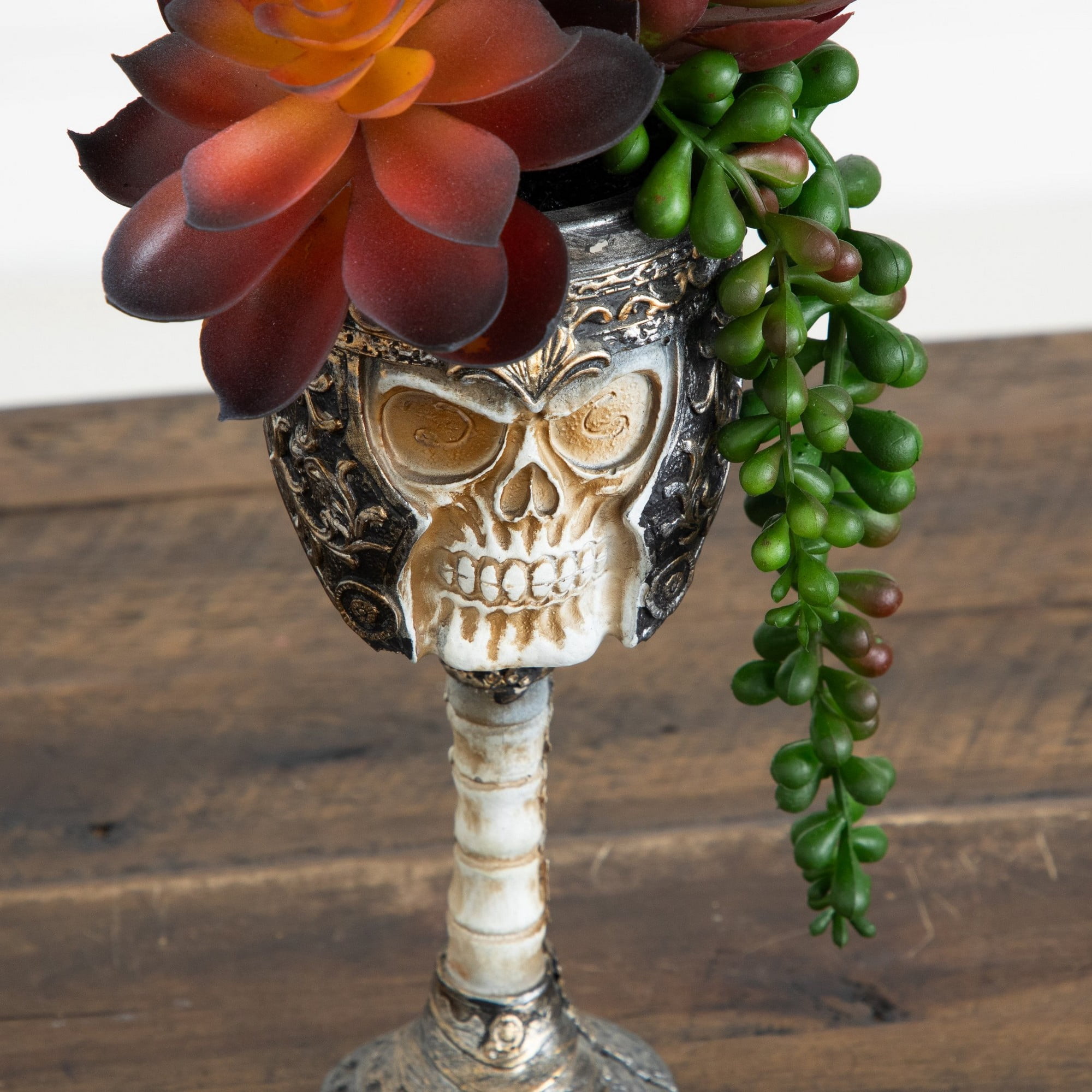 11in. Artificial Halloween Succulent Garden in Skull Chalice Planter