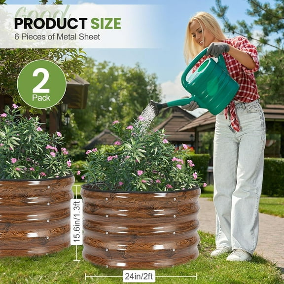 Round Raised Garden Bed - 2Pcs 2x2x1.3ft Galvanized Steel Planter Boxes Outdoor with Rubber Edge Trim | Metal Raised Beds for Gardening Vegetables Flowers Fruits Herbs (Wood Grain)