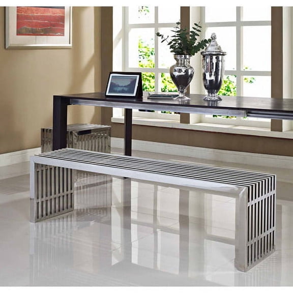 Modway Gridiron Medium Stainless Steel Bench, Set of 2 in Silver