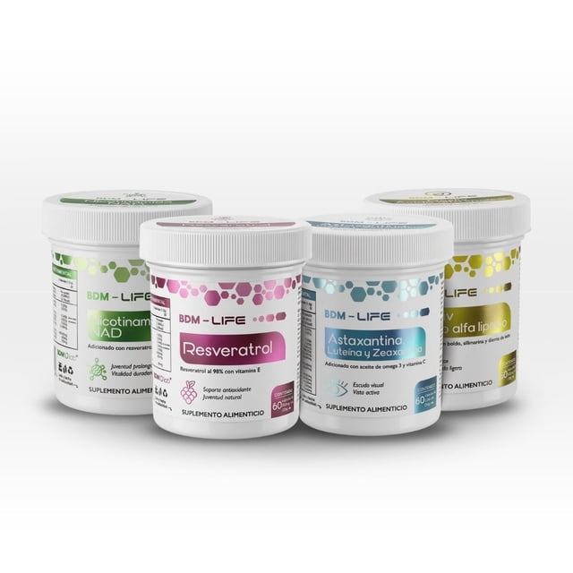 BDM Life Kit Resveratrol + Nicotinamida (NAD) + Astaxantina + DEXLIV, Suplemento Alimenticio Energía Celular y Antioxidante, Soporte Hepático
