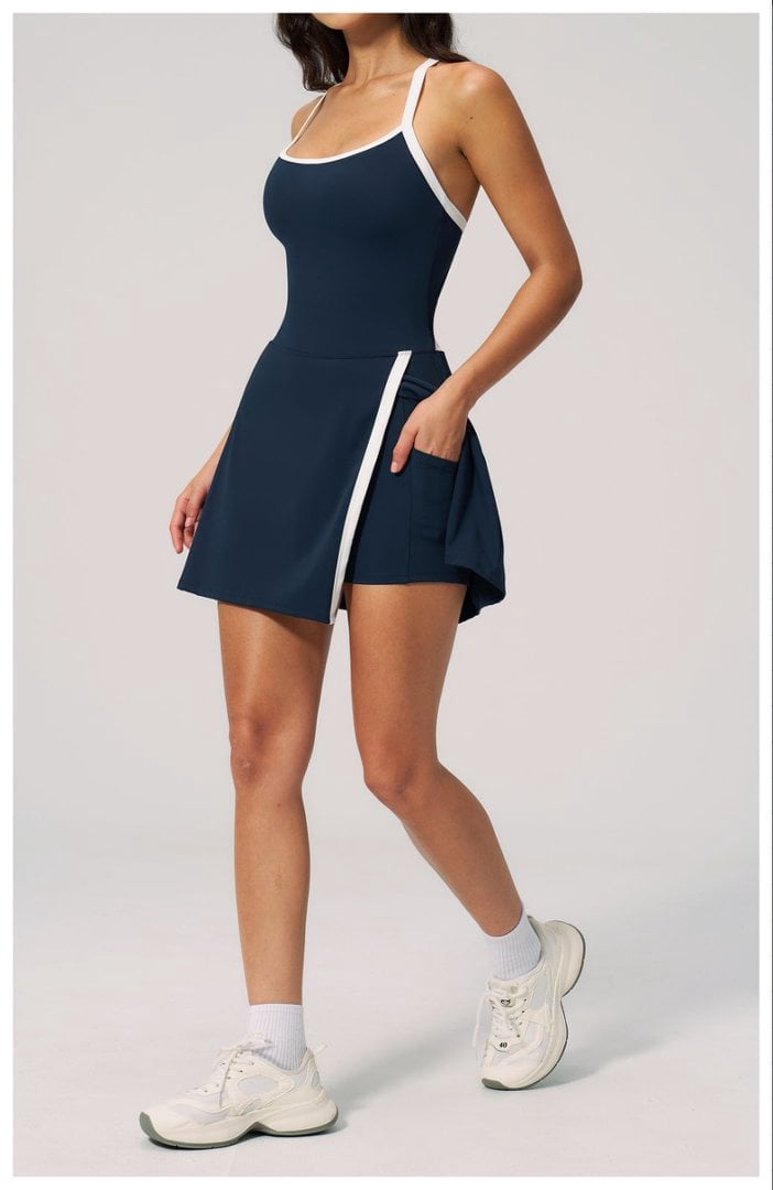 PISONIC Womens Workout Athletic Mini Dress with Built-in Shorts Sleeveless Cutout Tennis Dress