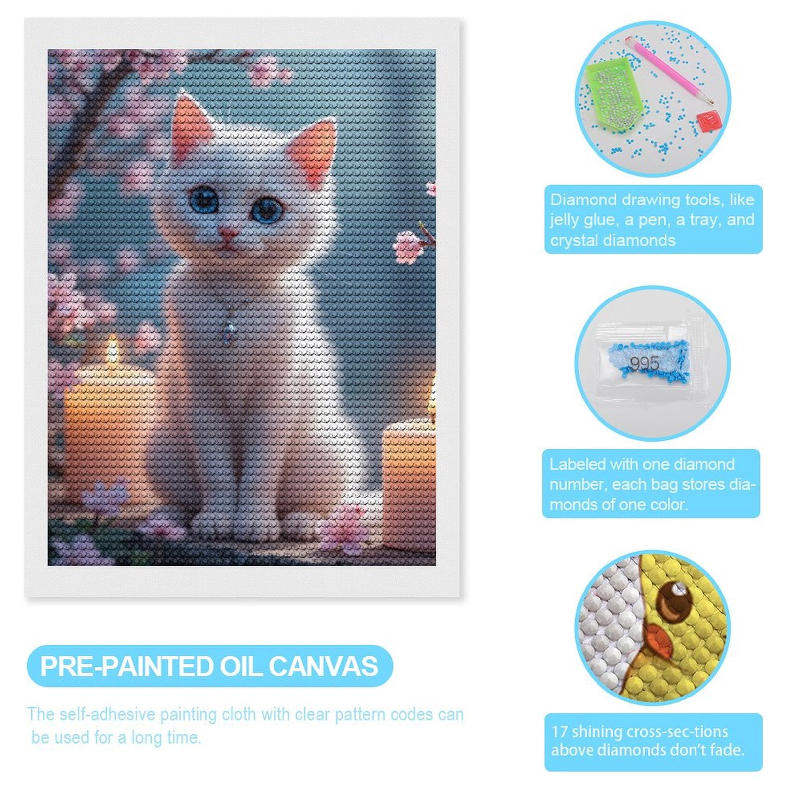 Diamond Art Kits for Adults, White Kitten Blossoms Candles Necklace 5D Diamond Painting Kits for Adults Beginners, DIY Full Drill Diamond Painting, Gem Art and Crafts 12x16