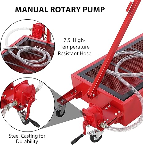 20 Gallon Oil Drain Pan Oil Drain Tank, 76L Low Profile Oil Drain Pan, Large Capacity Oil Change Pan with Manual Pump & T Foldable Hand and Wheels, 8FT Hose Oil Drain Cart for Car, SUV, Trucks