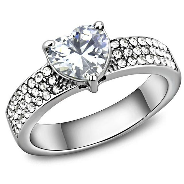 Women High Polished Stainless Steel Ring with AAA Grade CZ in Clear - Size 10