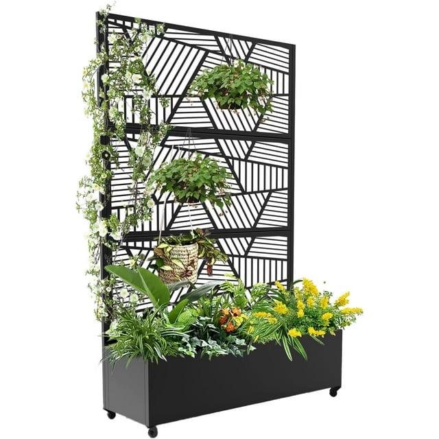 YUSAZENS Galvanized Steel Metal Planter Box, 3-Piece Screen Set, Outdoor Planter with Privacy Screen Black with Wheels