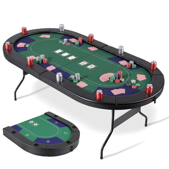Naipo 7FT Folding Poker Table 10 Players Oval Texas Holdem Poker Table with Cup Holders & Black Padded Rails for Home Game Nights Clubs & Parties
