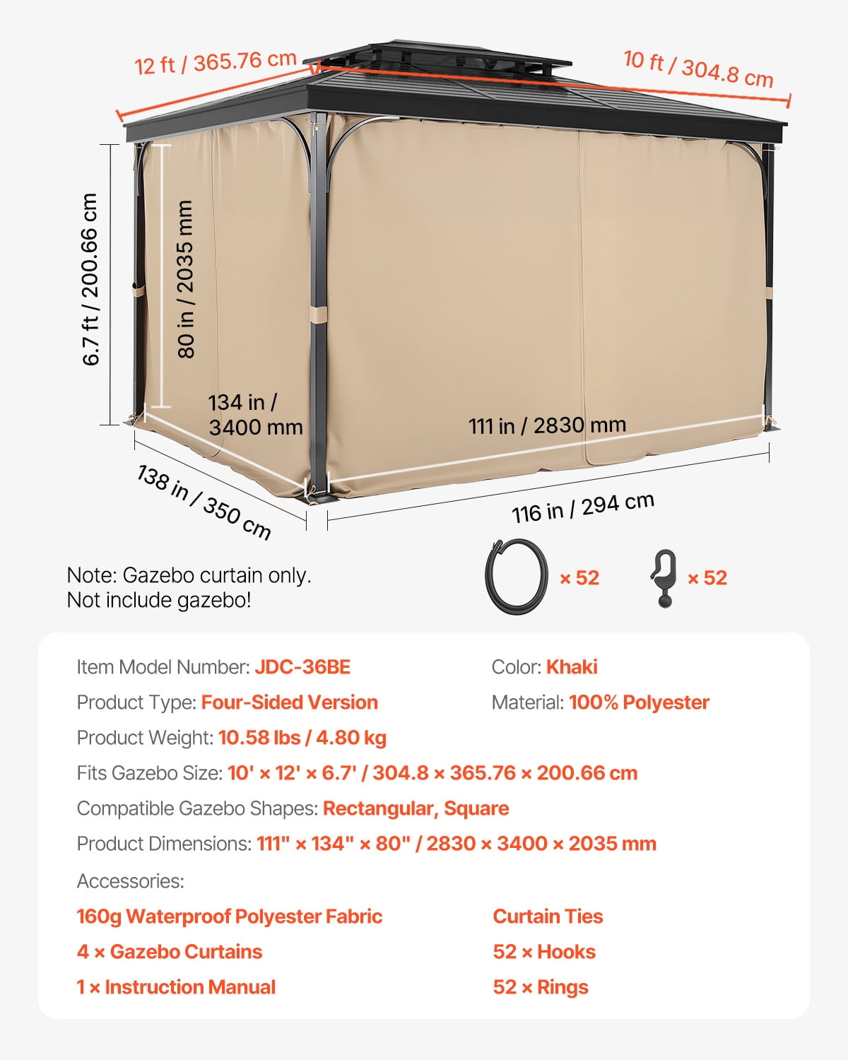VEVOR Gazebo Curtains Outdoor, Fit Most 12' x 10' x 6.7' Gazebos, 4-Panel Sidewall Gazebo Privacy Curtains with Zippers, Outdoor Curtain Replacement for Patio Canopy, Only Curtain, Khaki