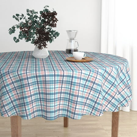 Round Tablecloth Deck Chair Plaid Nautical Striped Blue Aqua Cotton