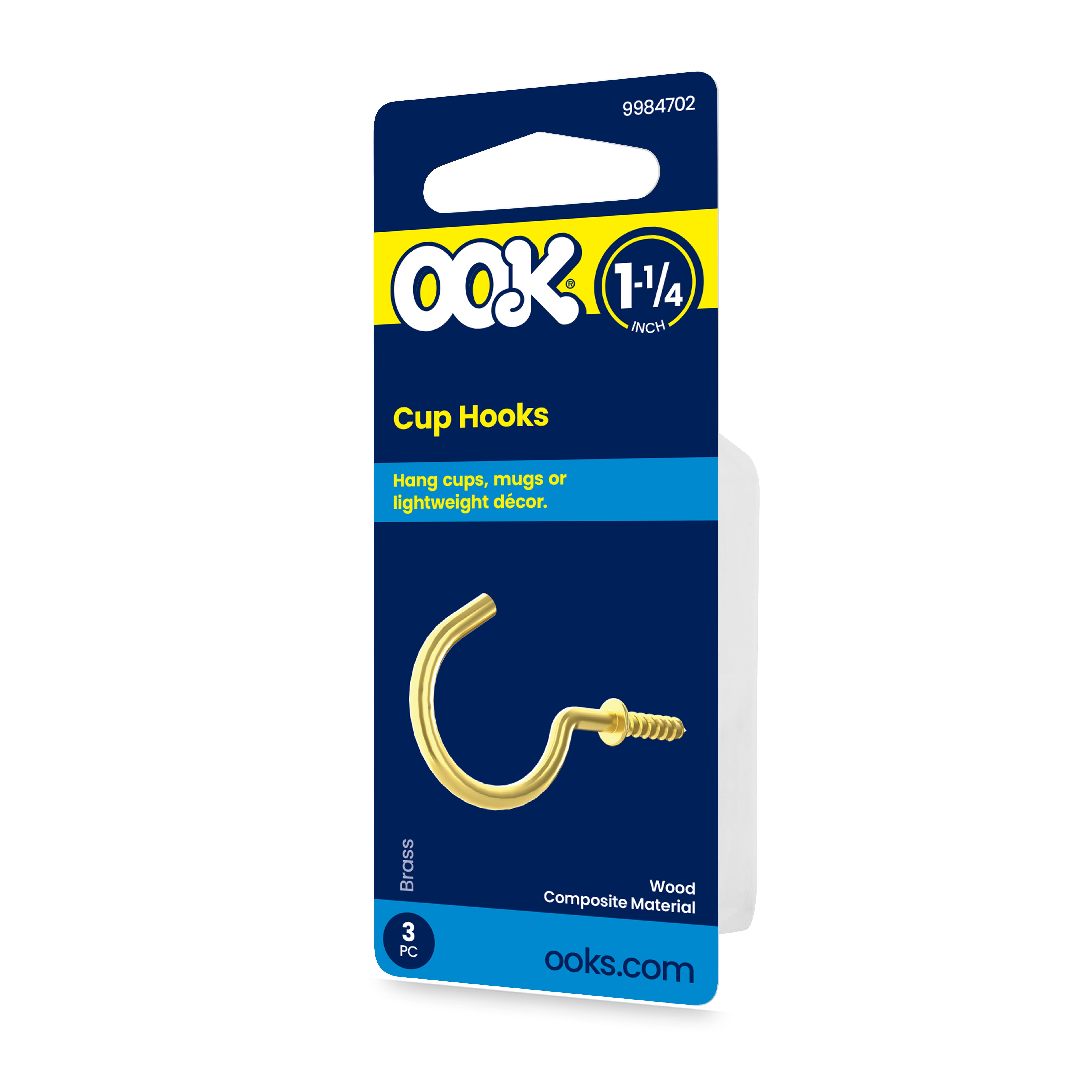 (3 pack) Ook Cup Hooks, 1-1/4", 1 lbs, Screw Hooks, Steel, Brass Finish, Gold, 3 pack