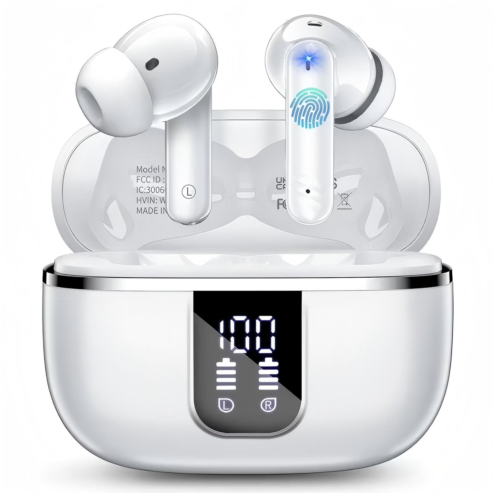 Wireless Earbuds Bluetooth Noise Cancelling Ear Buds for iPhone Android Sports Workout, 46H Playtime, Microphone Deep Bass Stereo, LED Display, Waterproof in Ear Earphone, White